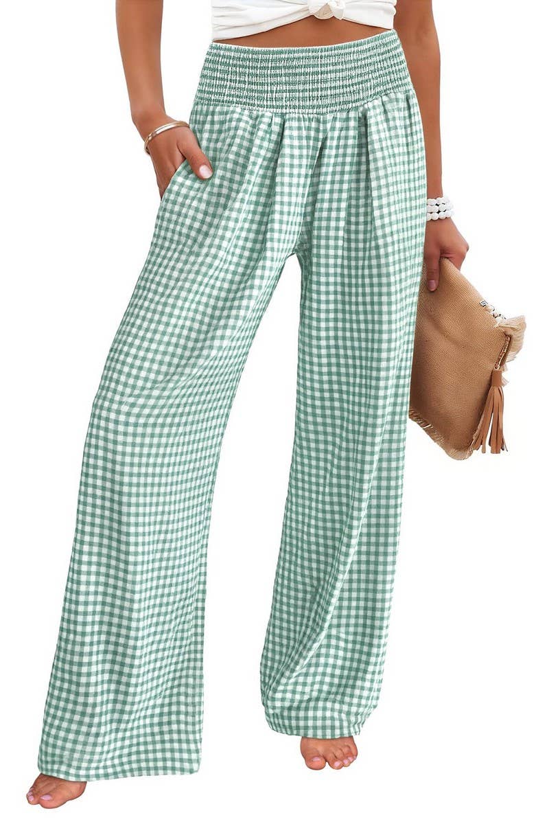 CWBLP01707_PLAID HIGH-WAISTED CASUAL WIDE-LEG PANTS