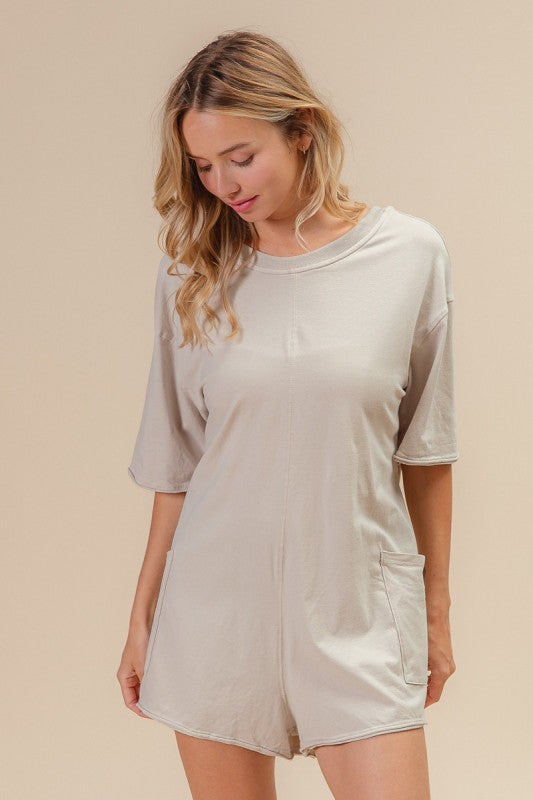 Short Sleeve Back Open Vintage Washed Romper - Oatmeal
