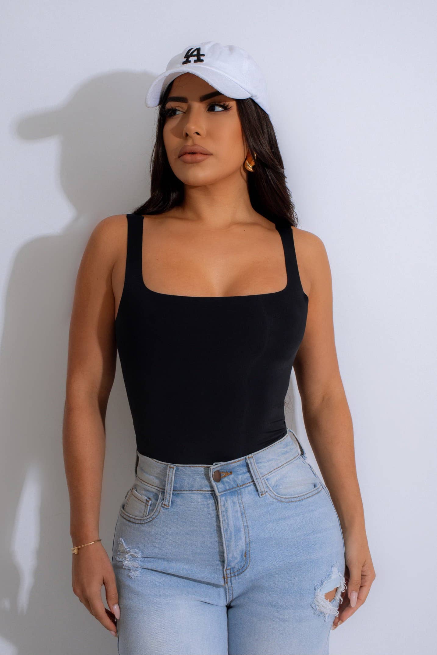 DOUBLE LAYERED SQUARE NECK BODYSUITS: Black