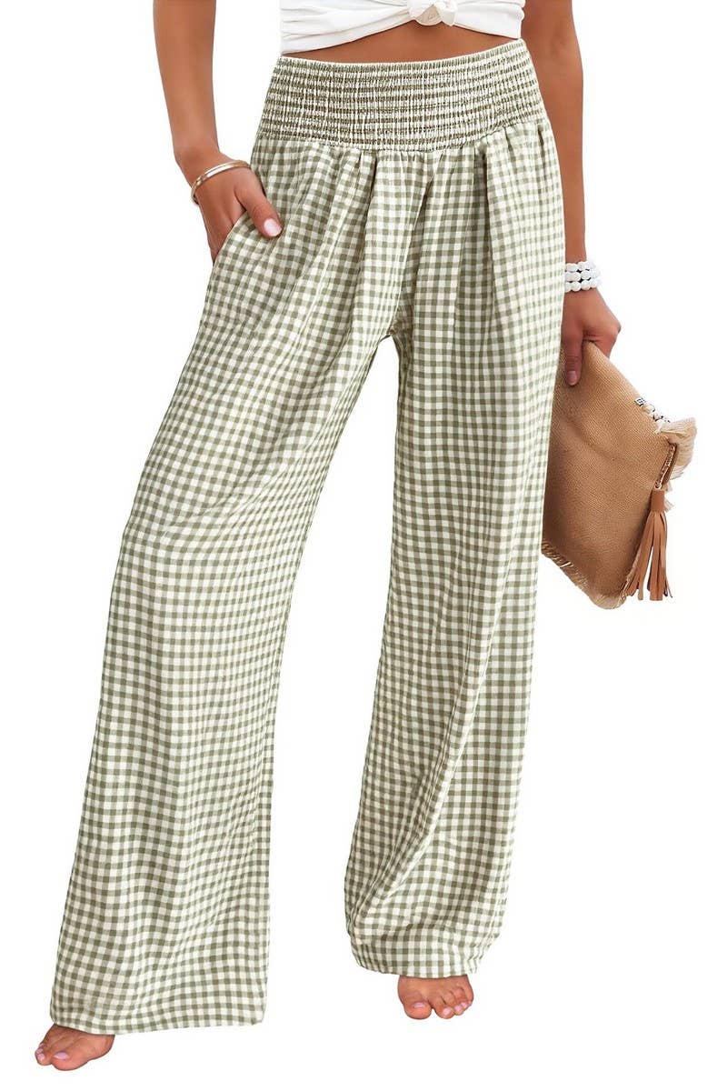 CWBLP01707_PLAID HIGH-WAISTED CASUAL WIDE-LEG PANTS