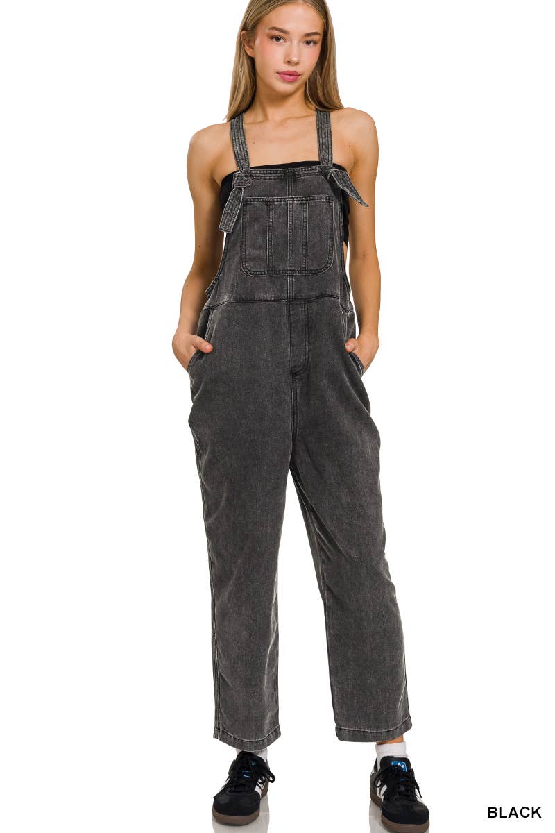 Washed Knot Strap Relaxed Fit Overalls