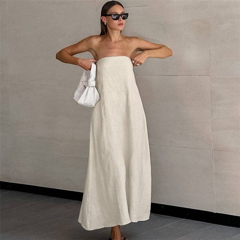 Khaki Casual Strapless Backless Maxi Dress: KHAKI