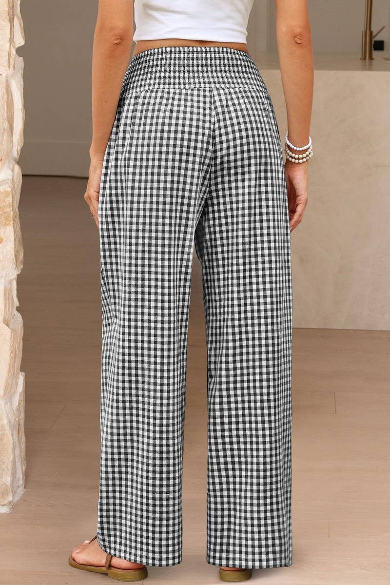 CWBLP01707_PLAID HIGH-WAISTED CASUAL WIDE-LEG PANTS