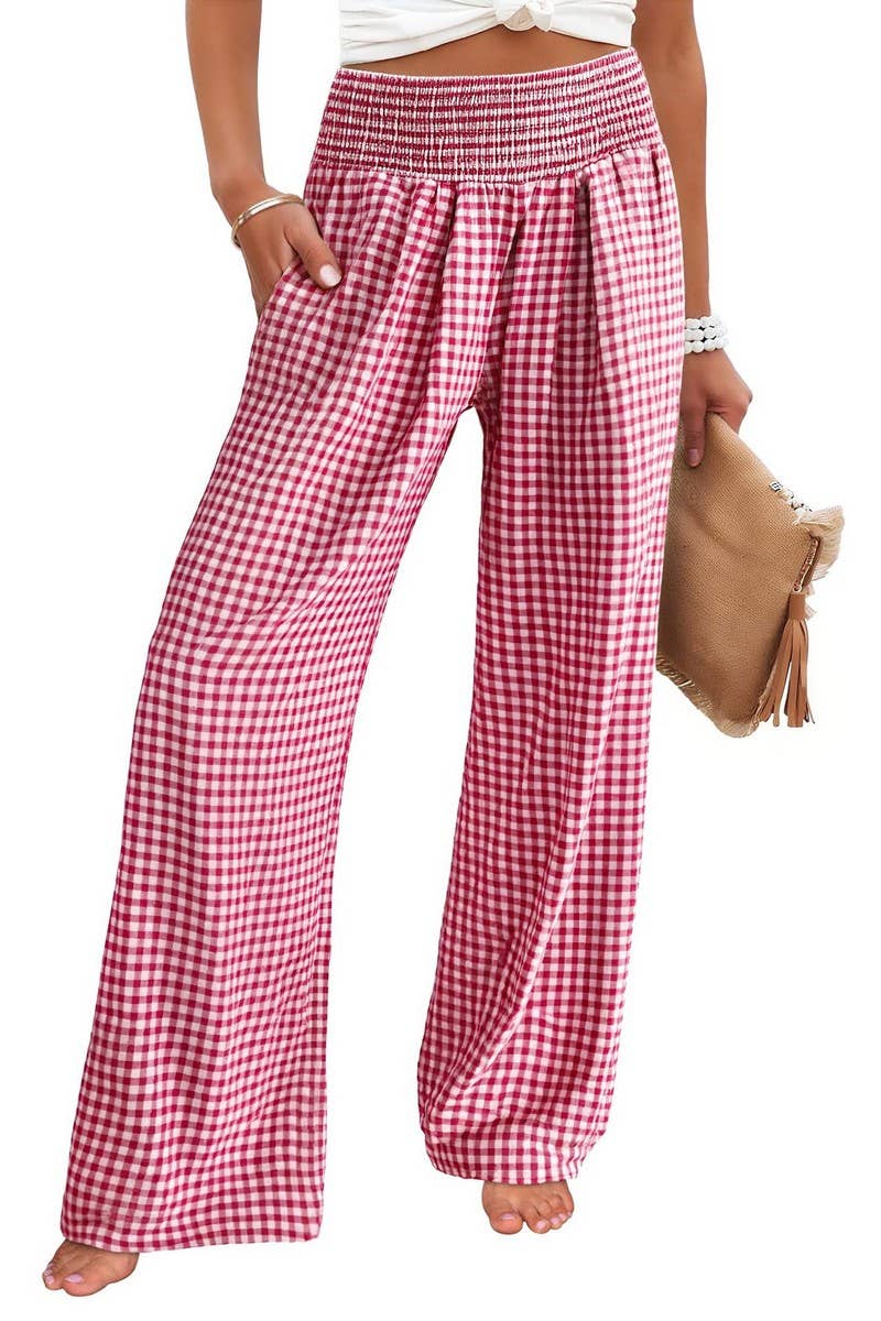 CWBLP01707_PLAID HIGH-WAISTED CASUAL WIDE-LEG PANTS