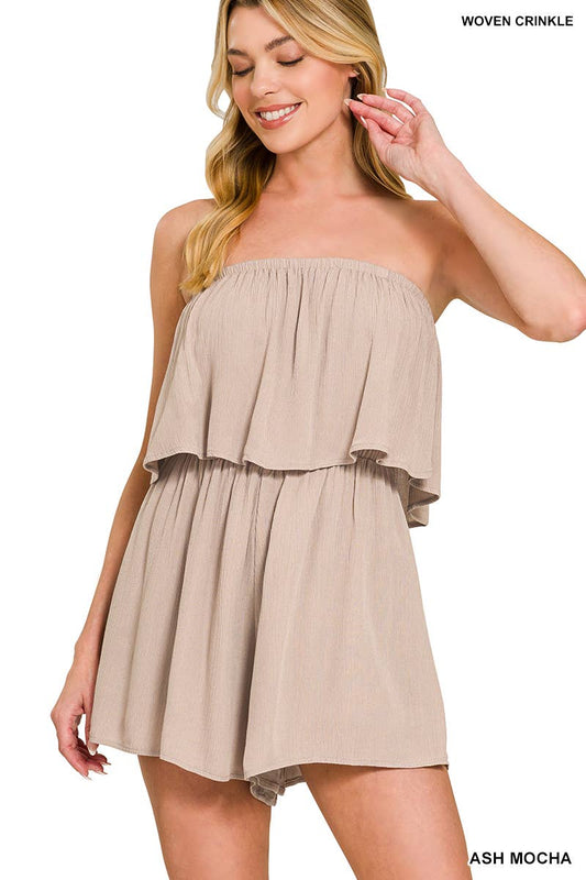 `0107 Woven Crinkle Strapless Rompers (Lined) SI-29315: ASH MOCHA-193815