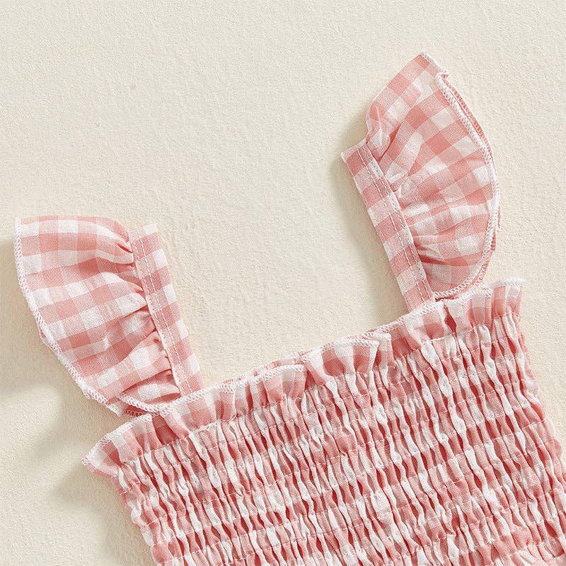 Baby girls short flutter sleeves smocked cotton jumpsuit: Apricot PNG60280