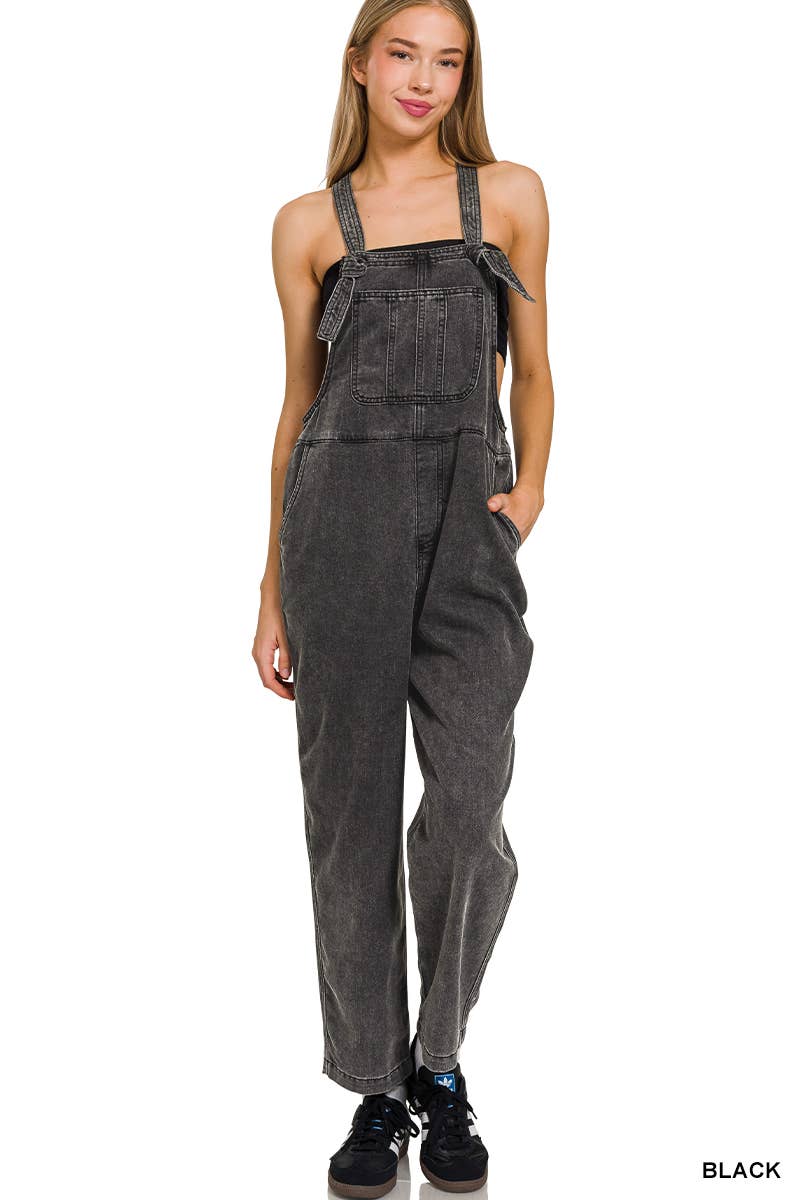 Washed Knot Strap Relaxed Fit Overalls
