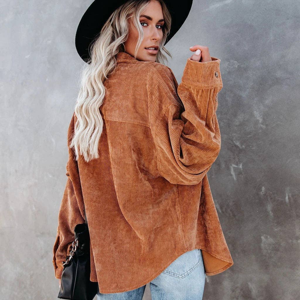 Oversized Corduroy Button-Up Shirt with Chest Pocket: Caramel