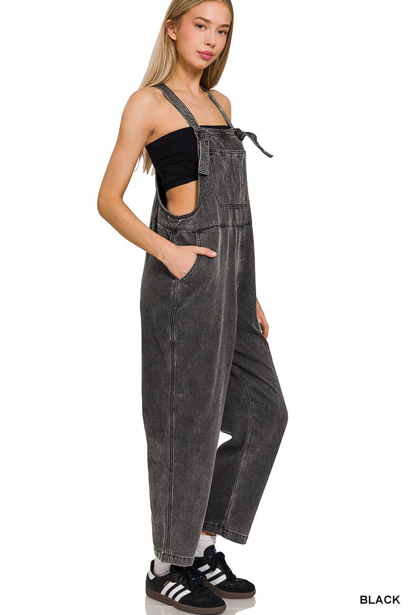 Washed Knot Strap Relaxed Fit Overalls