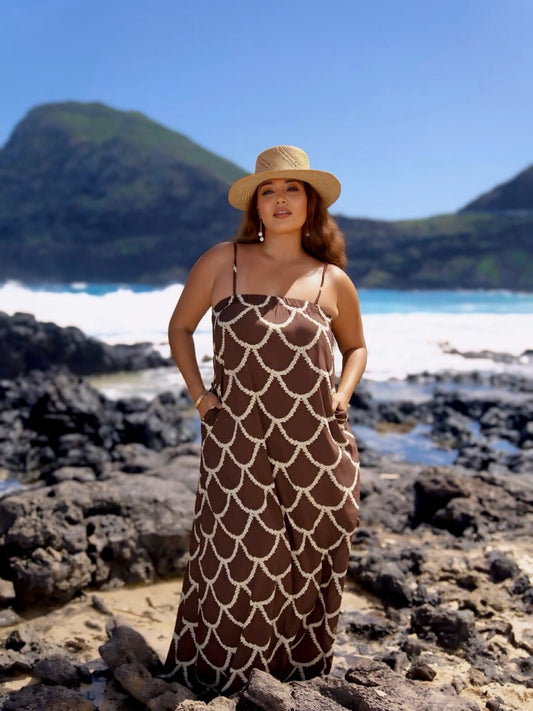 Lily Maxi Dress - Brown Scalloped Pikake