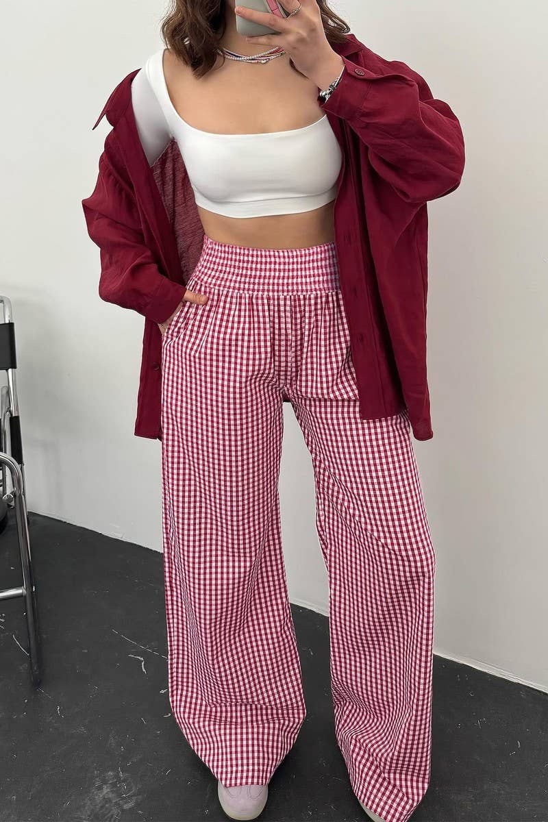 CWBLP01707_PLAID HIGH-WAISTED CASUAL WIDE-LEG PANTS