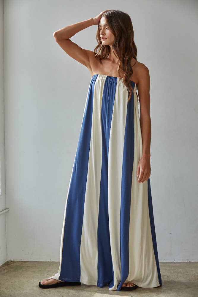 L9308 | Knit Viscose Spandex Striped Tube Wide Leg Jumpsuit: Navy Cream