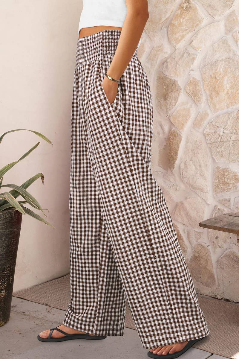 CWBLP01707_PLAID HIGH-WAISTED CASUAL WIDE-LEG PANTS