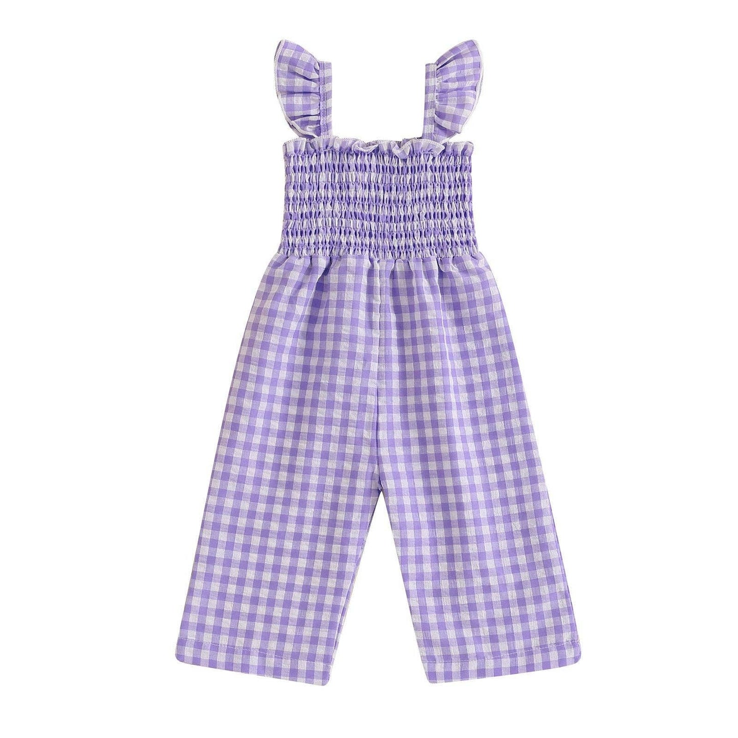Baby girls short flutter sleeves smocked cotton jumpsuit: Apricot PNG60280