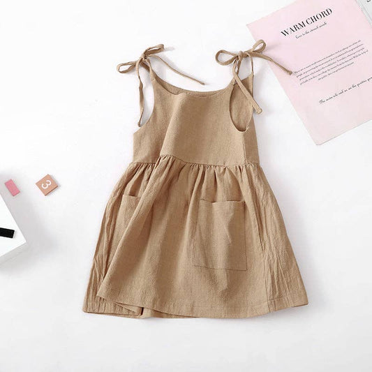 Summer solid color cotton linen pocket suspender dress: Khaki / DRG54555