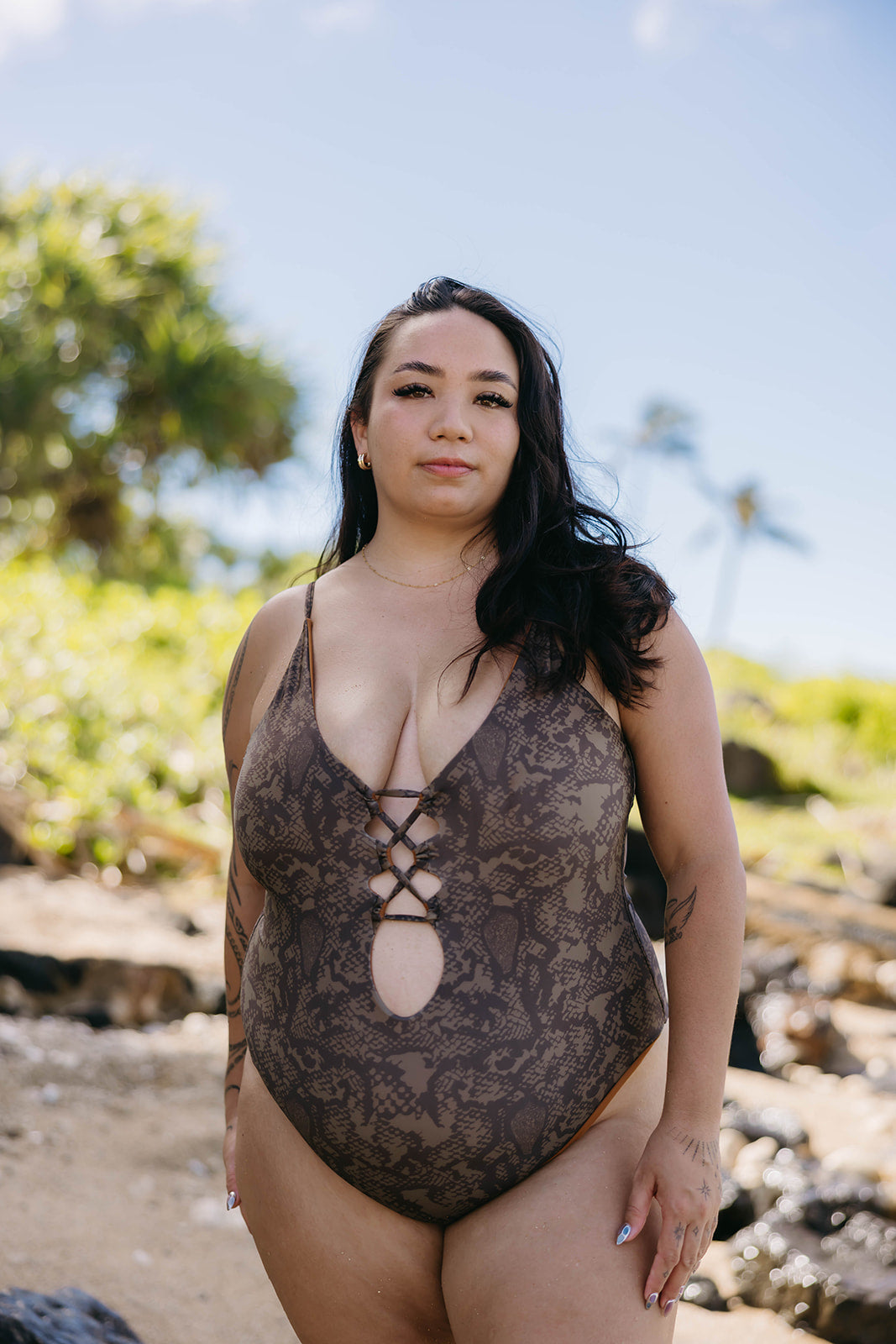 Wahine One Piece - Brown Textile Snake (ONLINE)