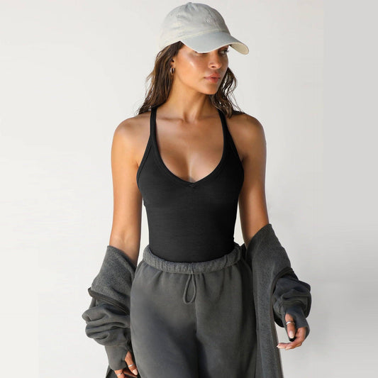 Ribbed Halter Tank Top Slim Fit Sleeveless Basic: Black