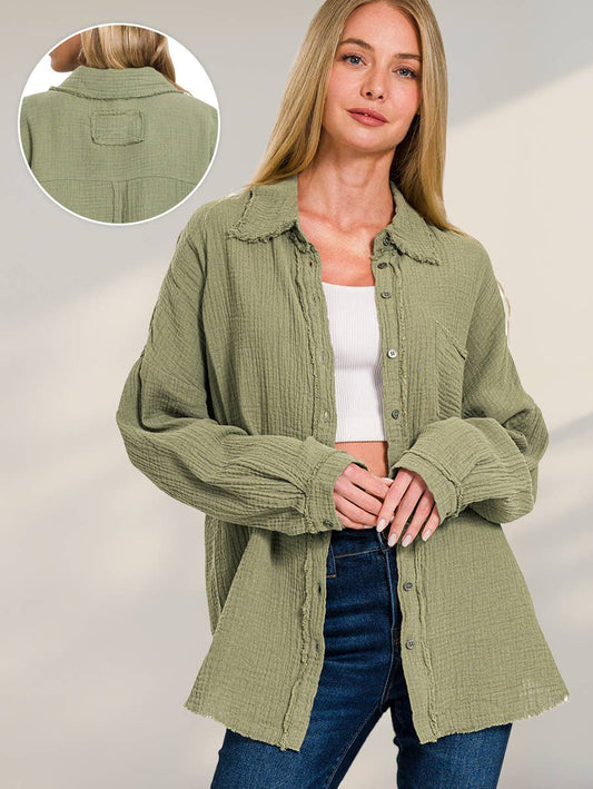 `Oversized Raw Edge Shirt W/ Back Patch OLIVE-149497