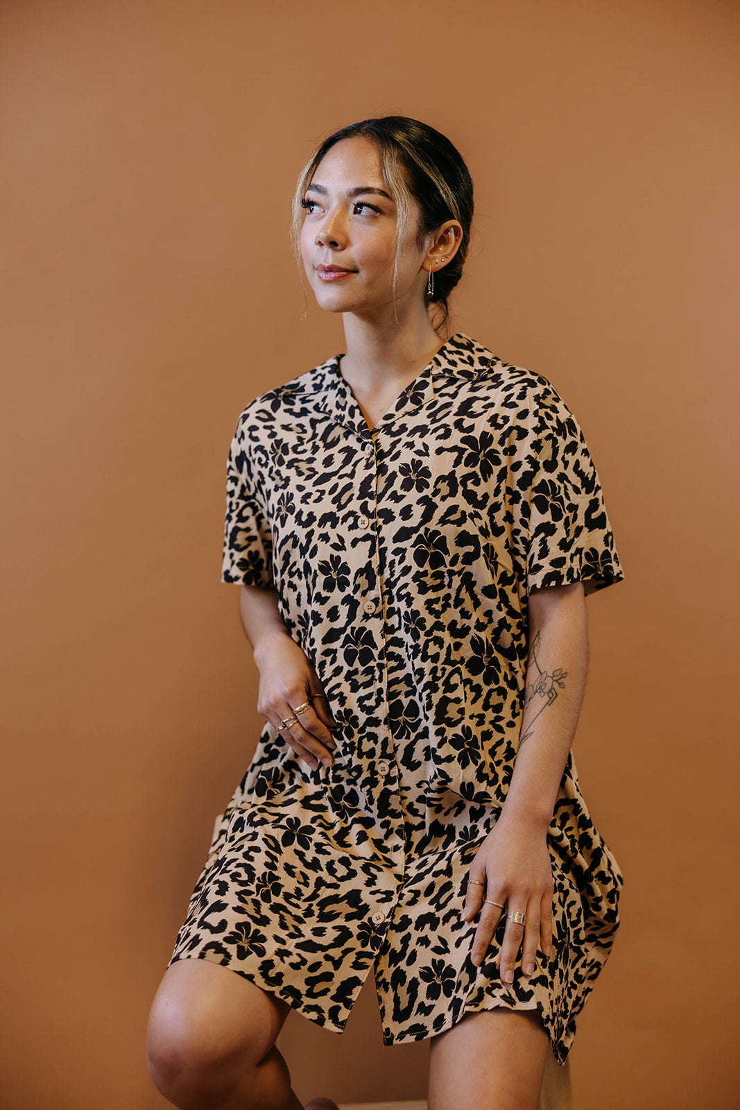 Shirt Dress - Leopard + Pua Kenikeni (Tan)