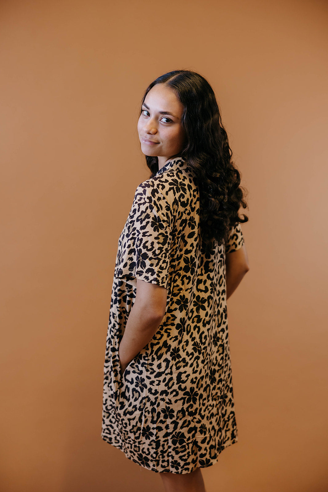 Shirt Dress - Leopard + Pua Kenikeni (Tan)