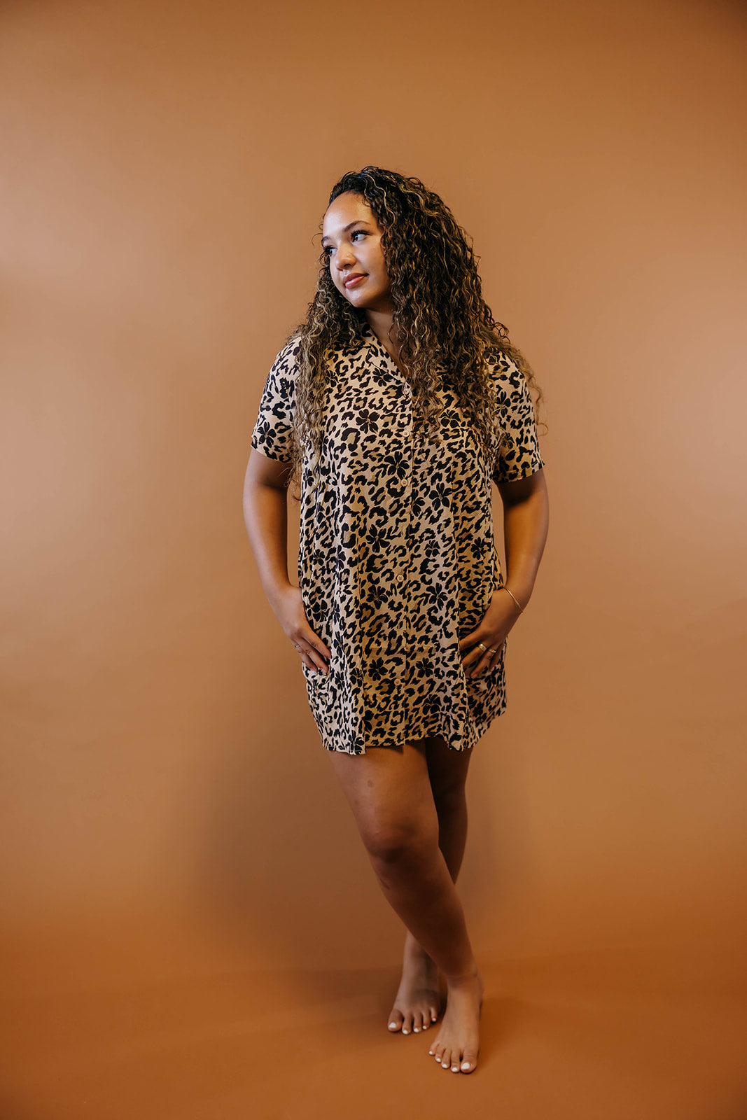 Shirt Dress - Leopard + Pua Kenikeni (Tan)