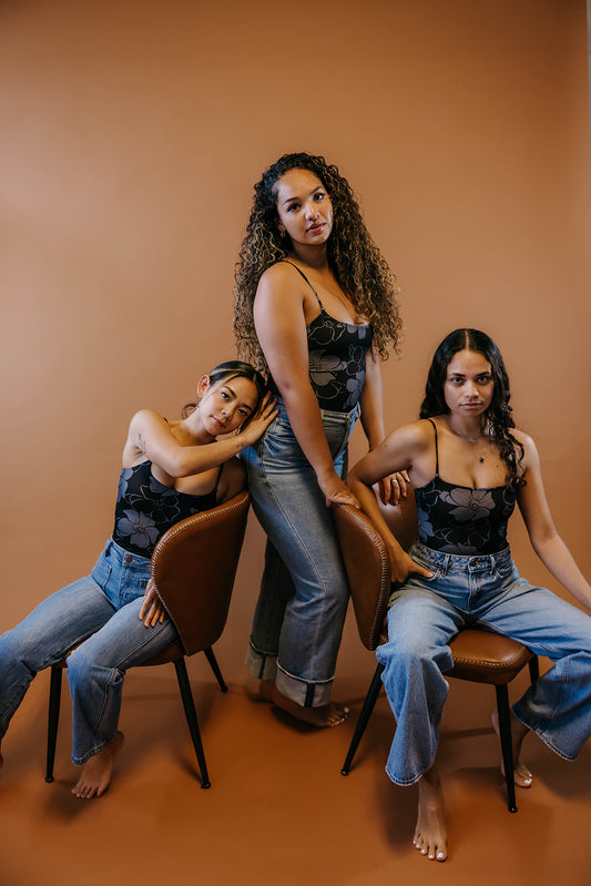 Bri Bodysuit - Pua Kenikeni (Black + Grey)