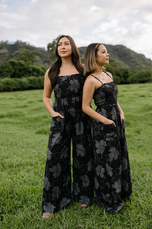 Chelley Jumpsuit - Pua Kenikeni (black & grey)