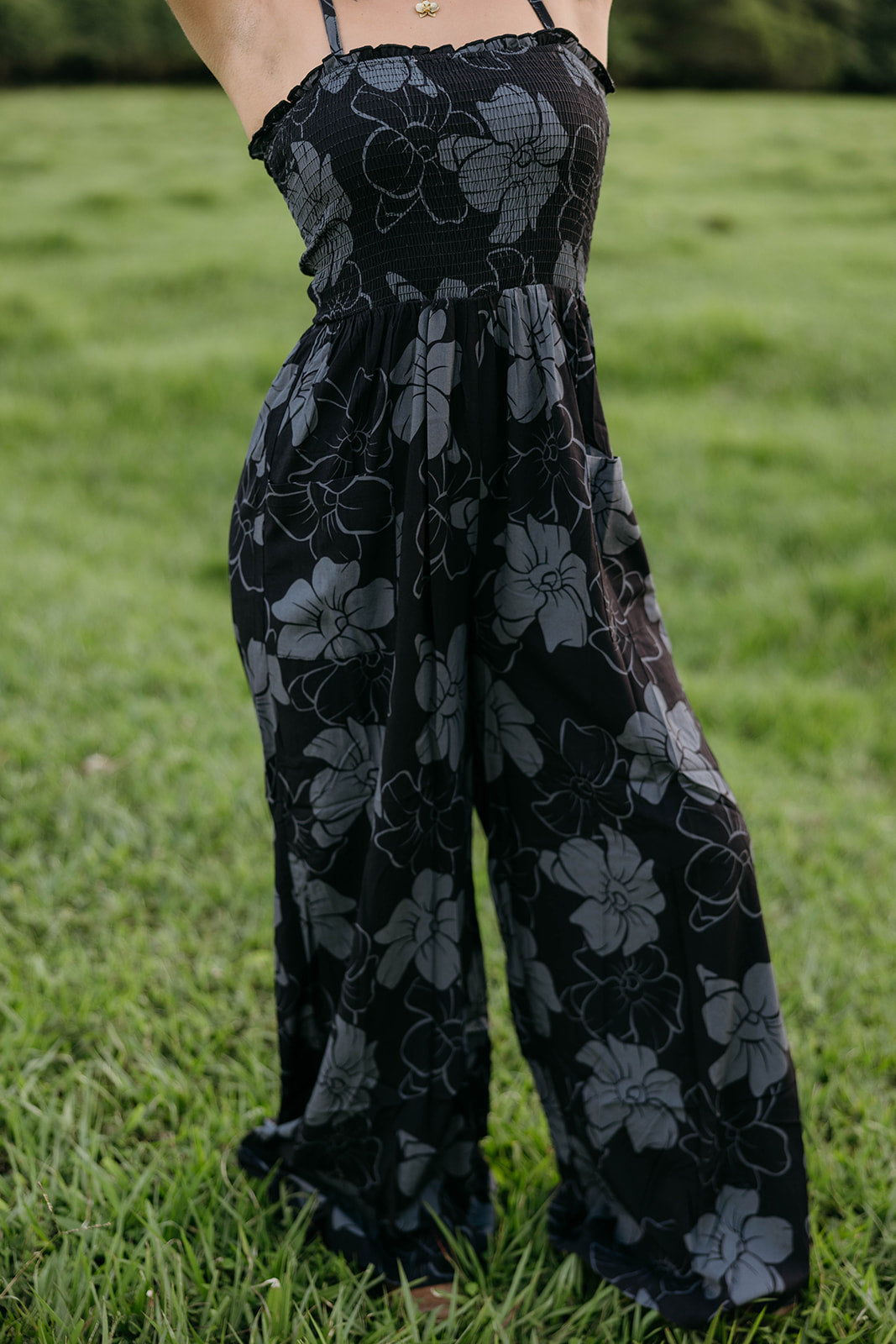 Chelley Jumpsuit - Pua Kenikeni (black & grey)