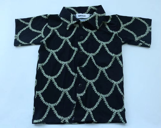 Keiki Aloha Shirt - Black Scalloped pikake