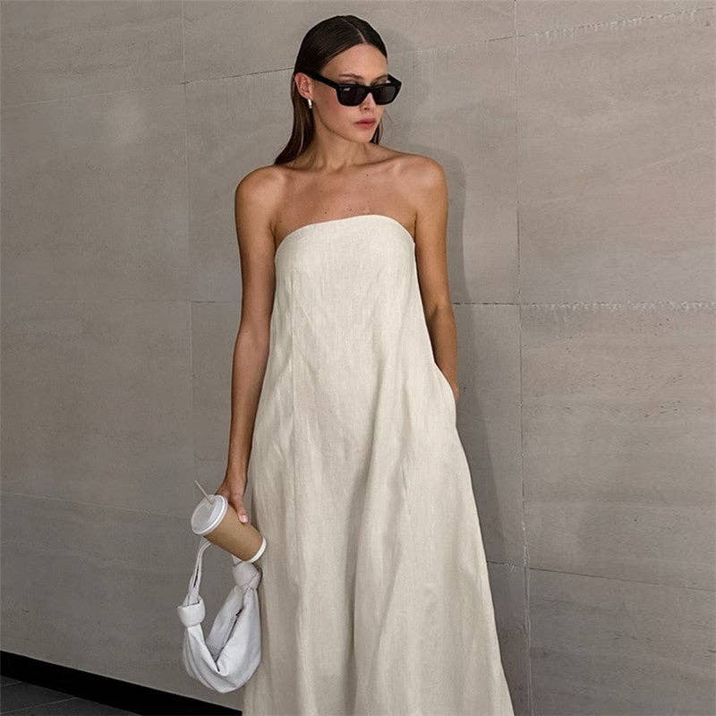 Khaki Casual Strapless Backless Maxi Dress: KHAKI