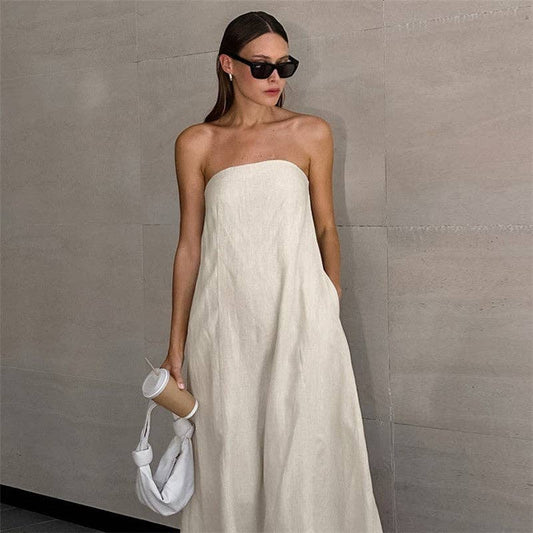 Khaki Casual Strapless Backless Maxi Dress: KHAKI