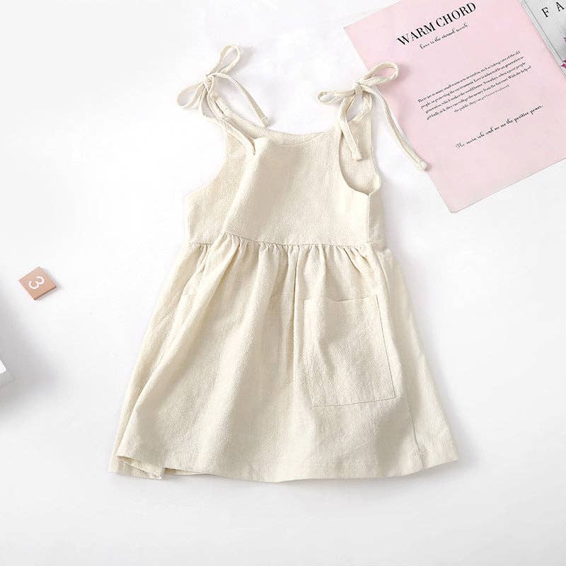 Summer solid color cotton linen pocket suspender dress: Khaki / DRG54555