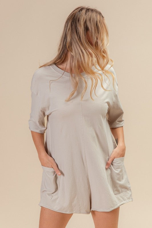 Short Sleeve Back Open Vintage Washed Romper - Oatmeal