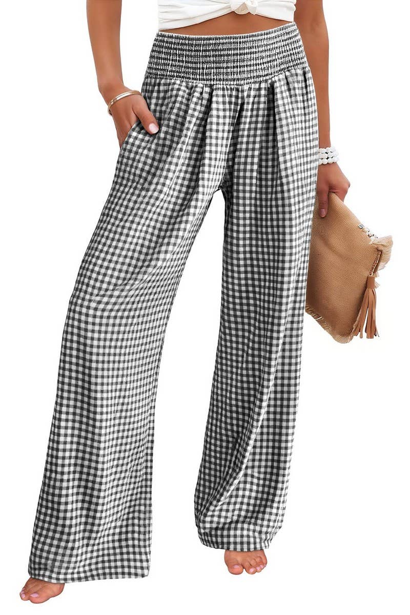 CWBLP01707_PLAID HIGH-WAISTED CASUAL WIDE-LEG PANTS