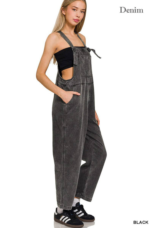 Washed Knot Strap Relaxed Fit Overalls