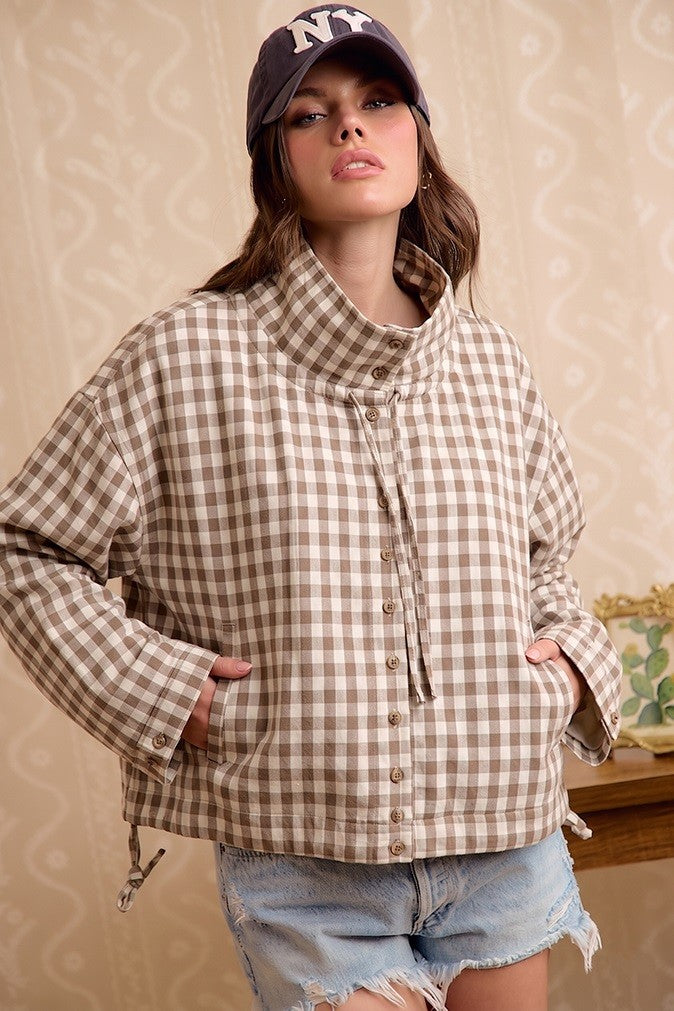 Printed Hooded Windbreaker Jacket Top - Mocha Gingham