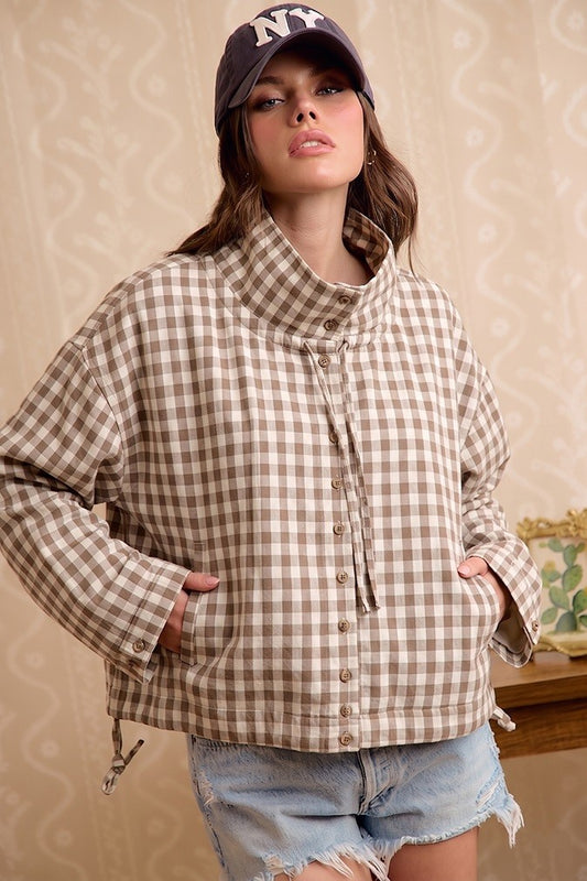 Printed Hooded Windbreaker Jacket Top - Mocha Gingham