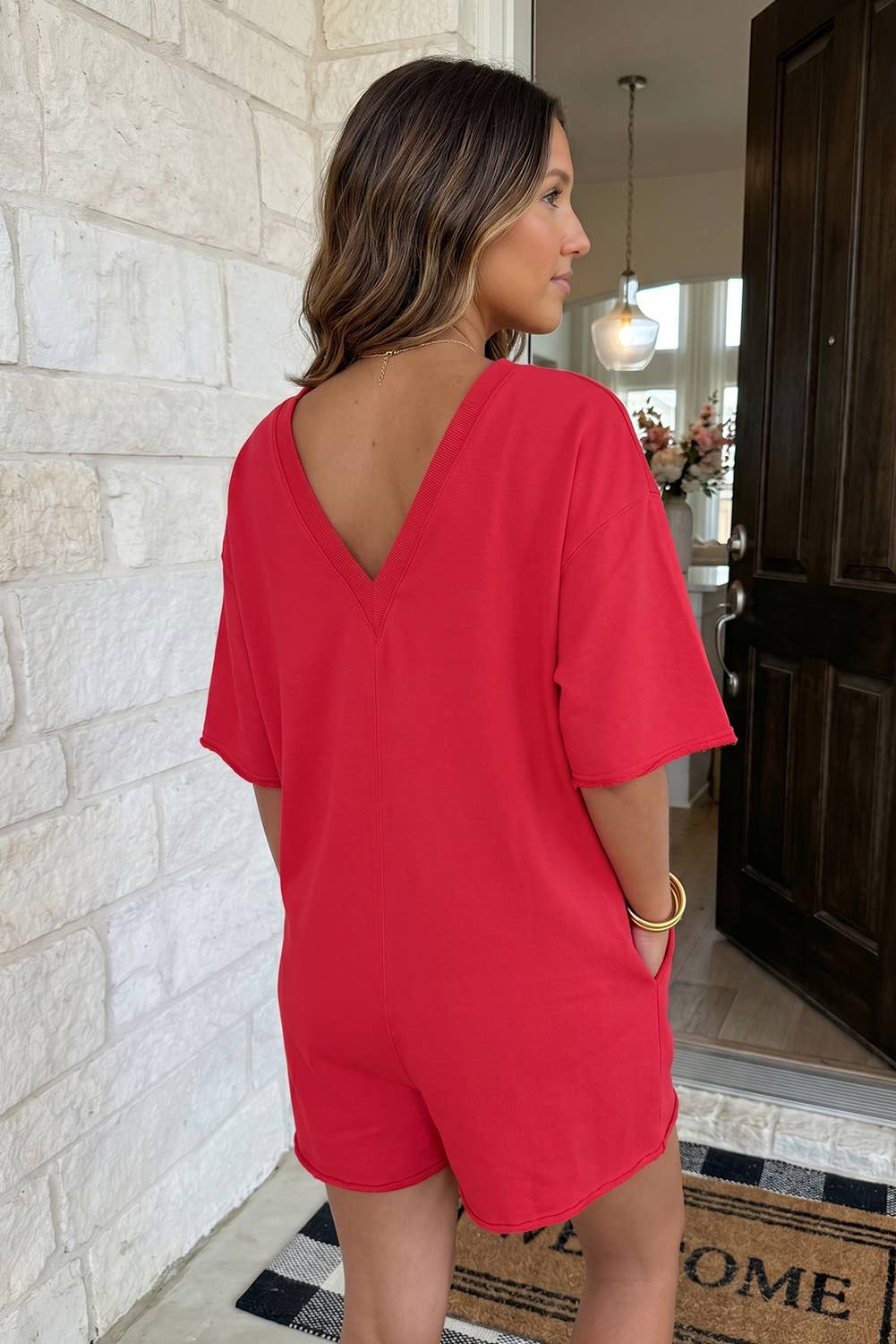 LAS Solid Color Raw Edge Pocketed Loose Romper- RED