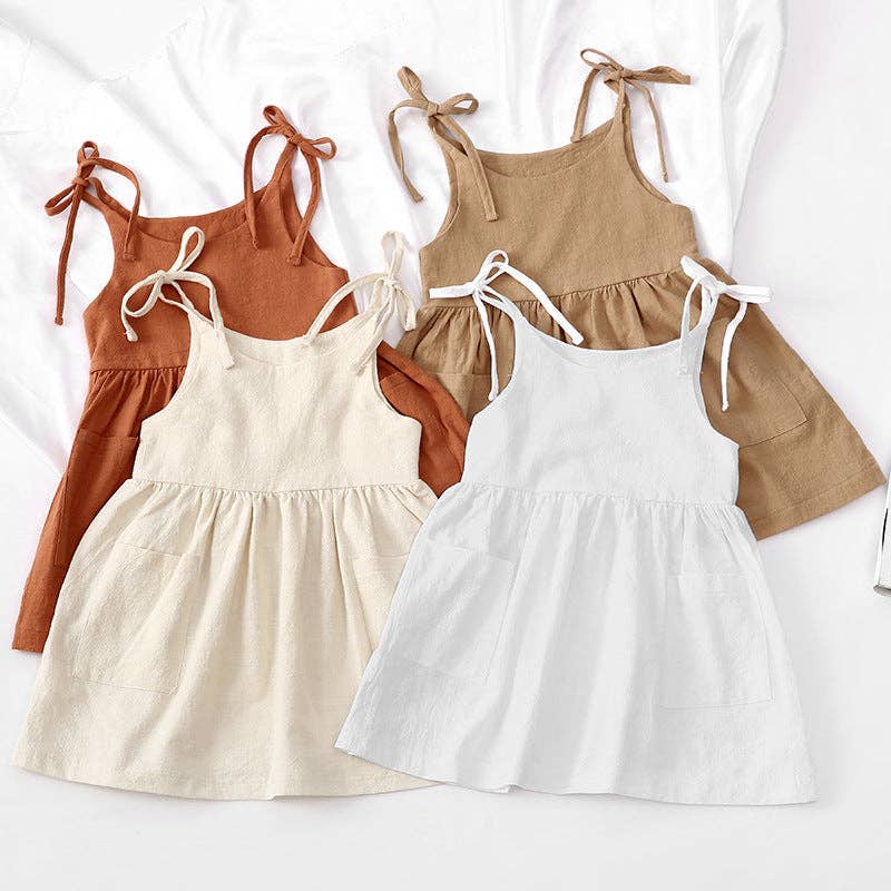 Summer solid color cotton linen pocket suspender dress: Khaki / DRG54555