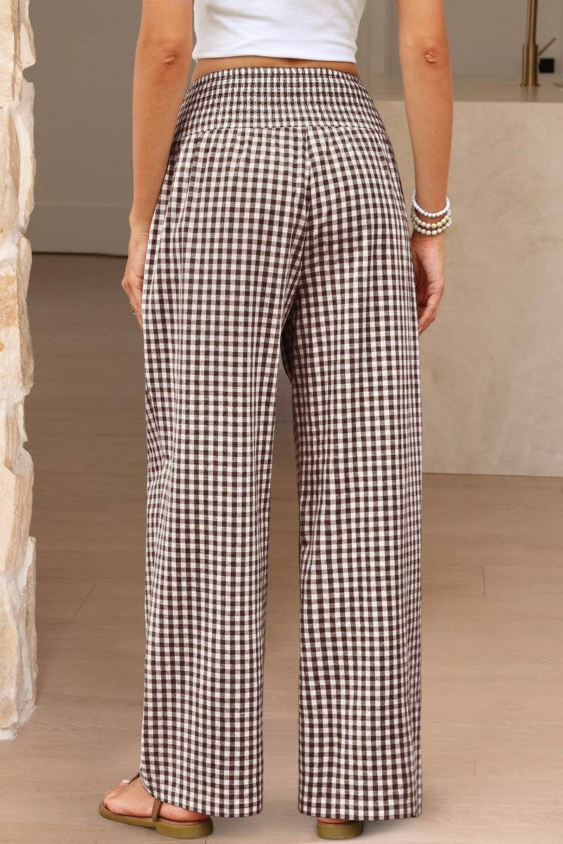 CWBLP01707_PLAID HIGH-WAISTED CASUAL WIDE-LEG PANTS