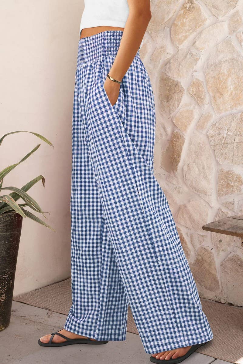 CWBLP01707_PLAID HIGH-WAISTED CASUAL WIDE-LEG PANTS