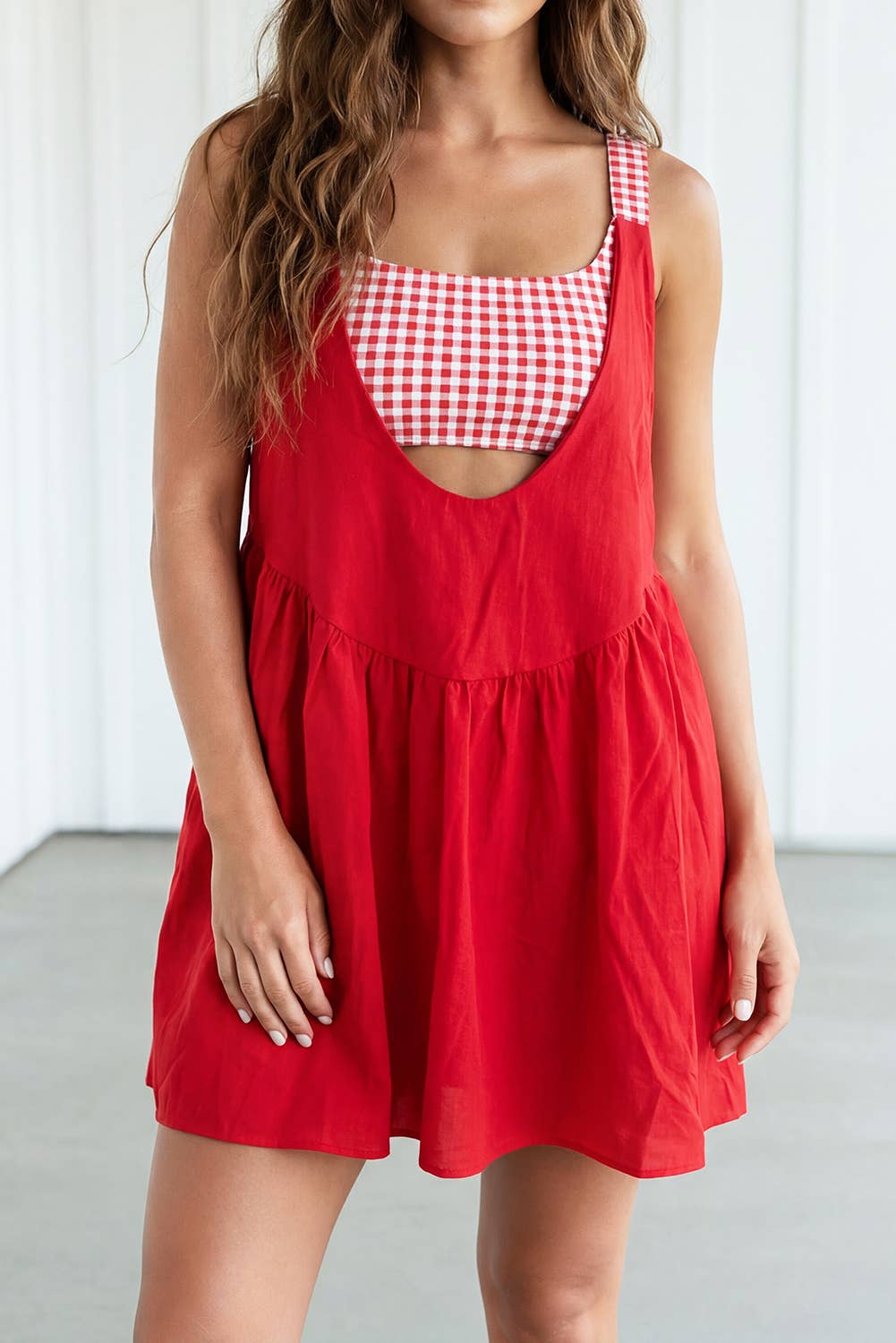 LAS Romper Inside Patchwork Gingham Mini Dress - Racing Red