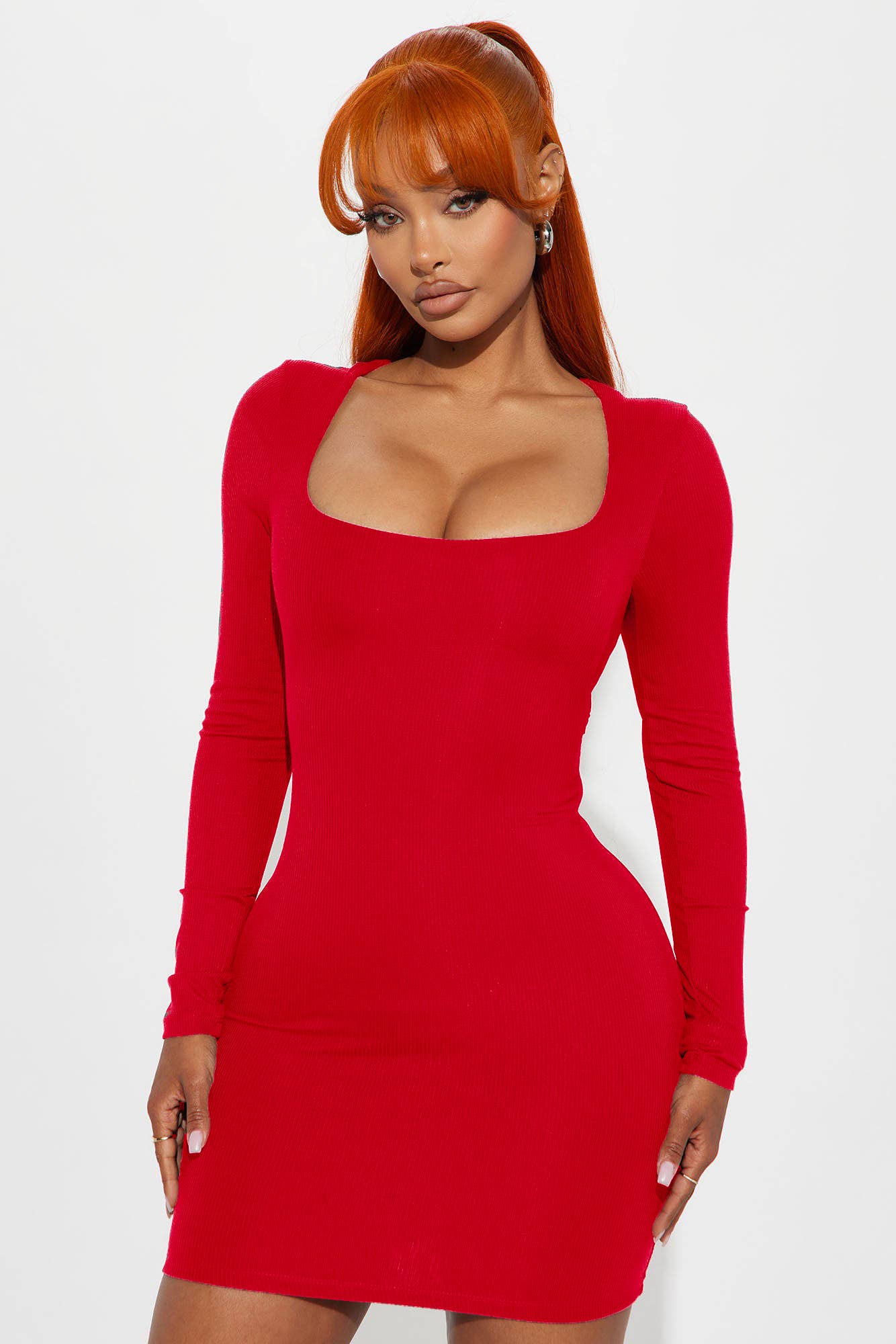 DOUBLE LAYERED RIB KNIT BODYCON DRESS: Red