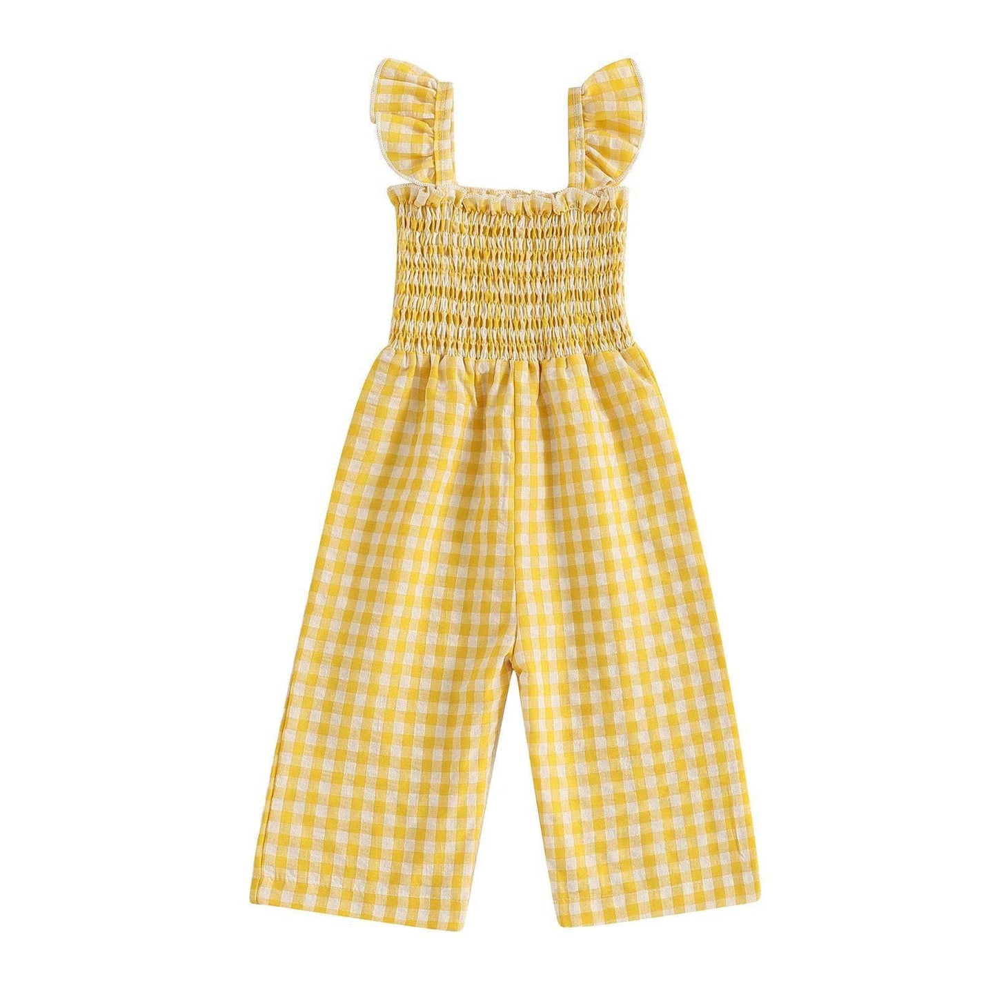 Baby girls short flutter sleeves smocked cotton jumpsuit: Apricot PNG60280