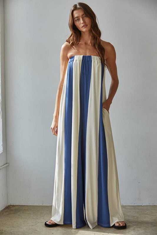 L9308 | Knit Viscose Spandex Striped Tube Wide Leg Jumpsuit: Navy Cream