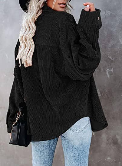 Oversized Corduroy Button-Up Shirt with Chest Pocket: Black