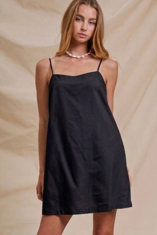 Sunlight Ease Air Slip Linen Mini Dress - Black
