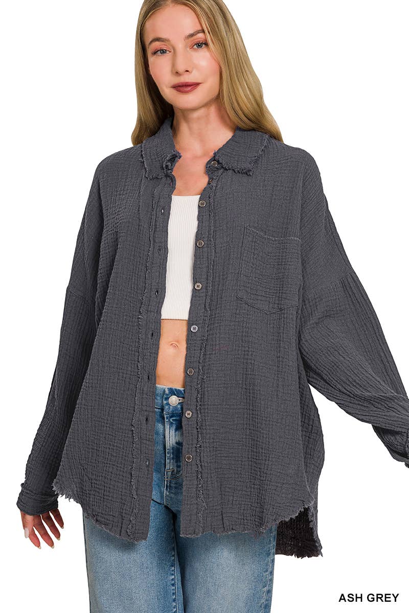 `Oversized Raw Edge Shirt W/ Back Patch: ASH GREY-149498