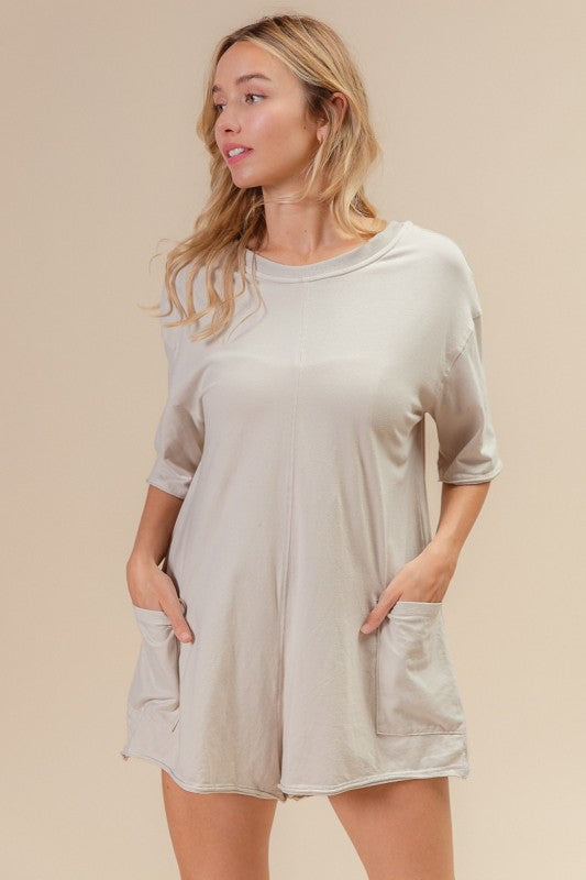 Short Sleeve Back Open Vintage Washed Romper - Oatmeal