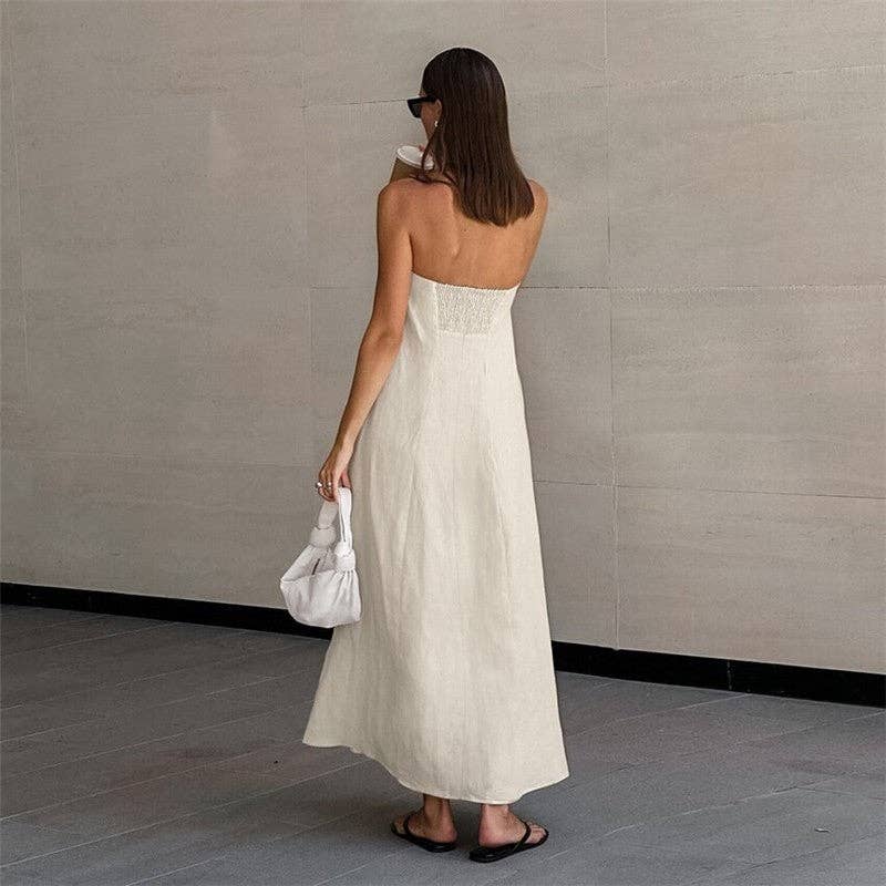 Khaki Casual Strapless Backless Maxi Dress: KHAKI